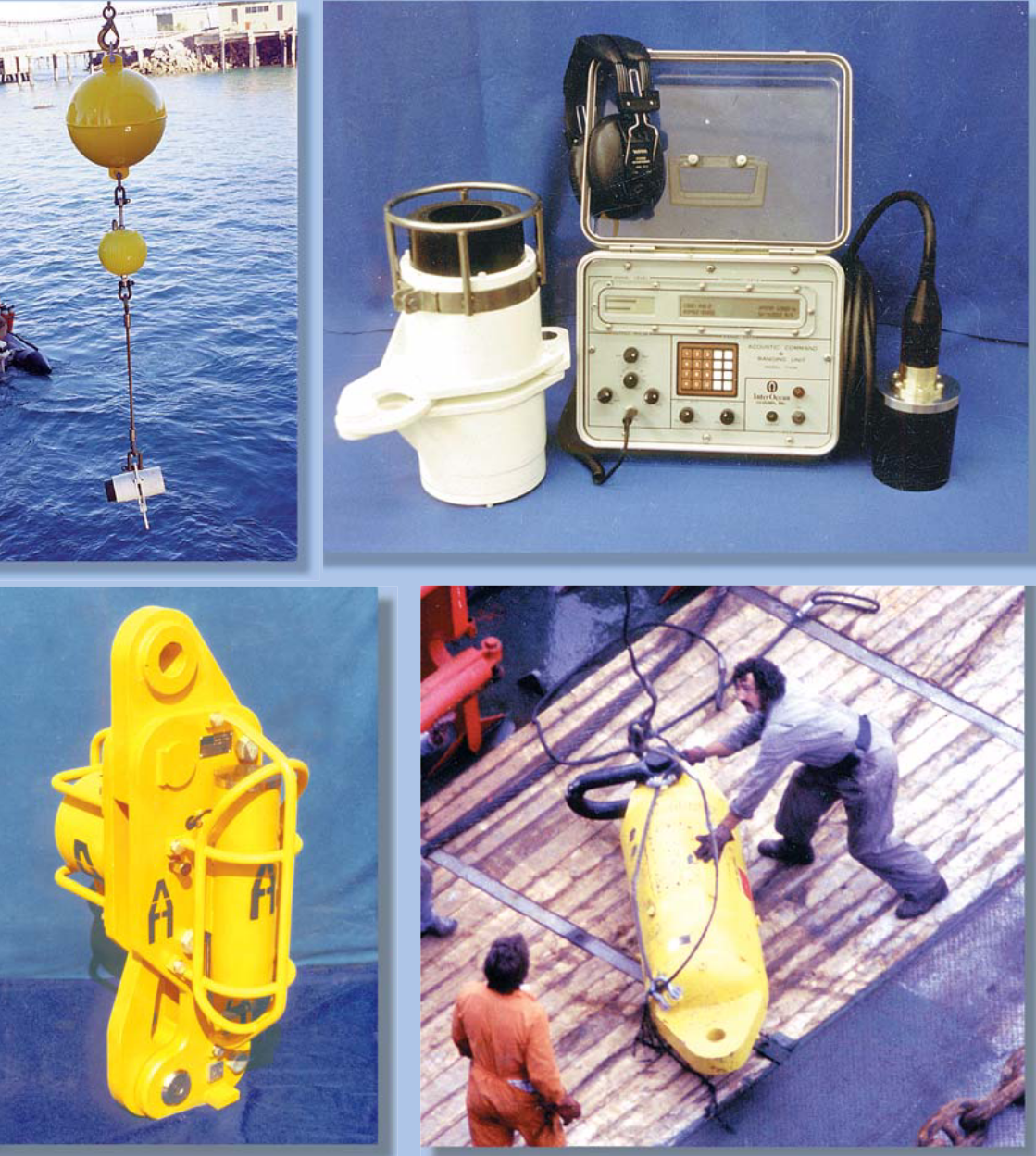 (Clock-wise from top left) 1090E Acoustic Release with Mooring Buoy and S4® Oceanographic Instrument, 1090E Acoustic Release with Command Unit, Rig Anchor Release being readied for deployment and, 5000E Construction Release Hook.)